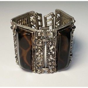 Chunky Vintage Silver Tone Amber and Brown Animal Print Lucite Bracelet